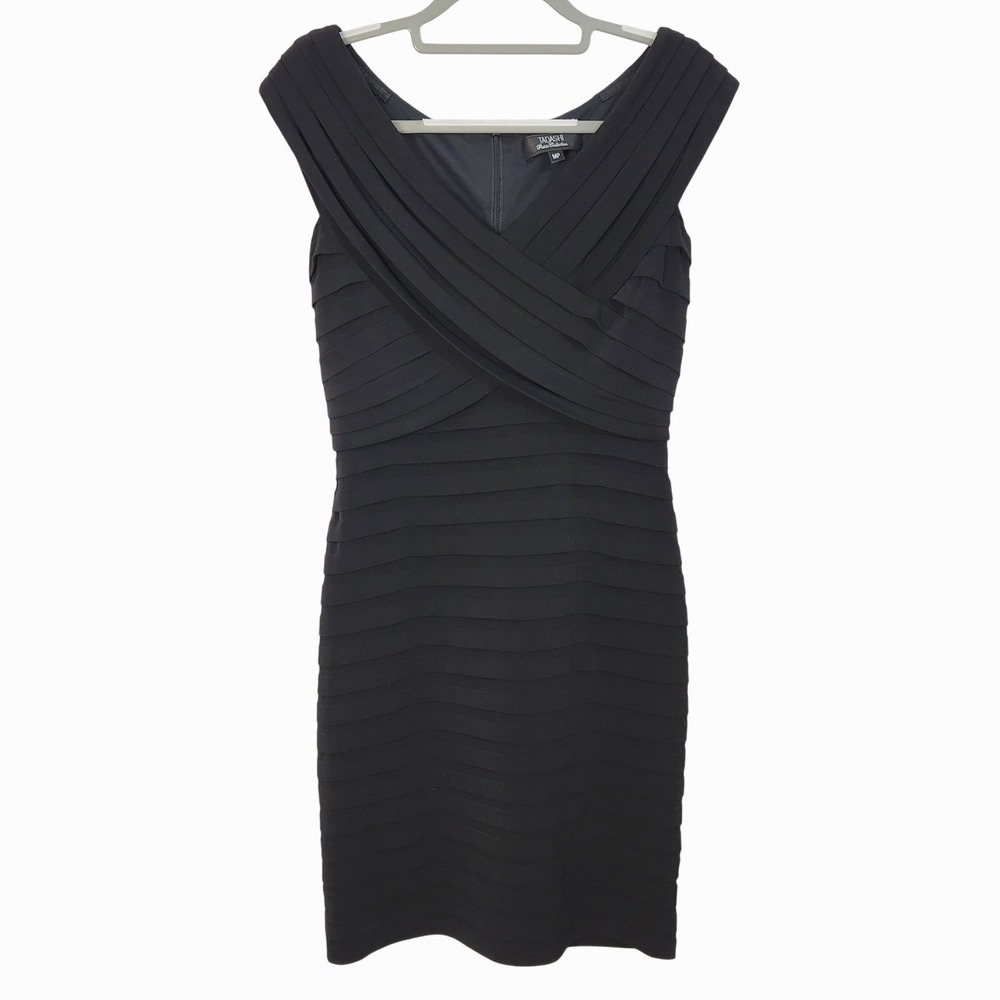Tadashi‎ Shoji Black Shutter Pleated Sheath Dress Medium Petite Cocktail Bandage